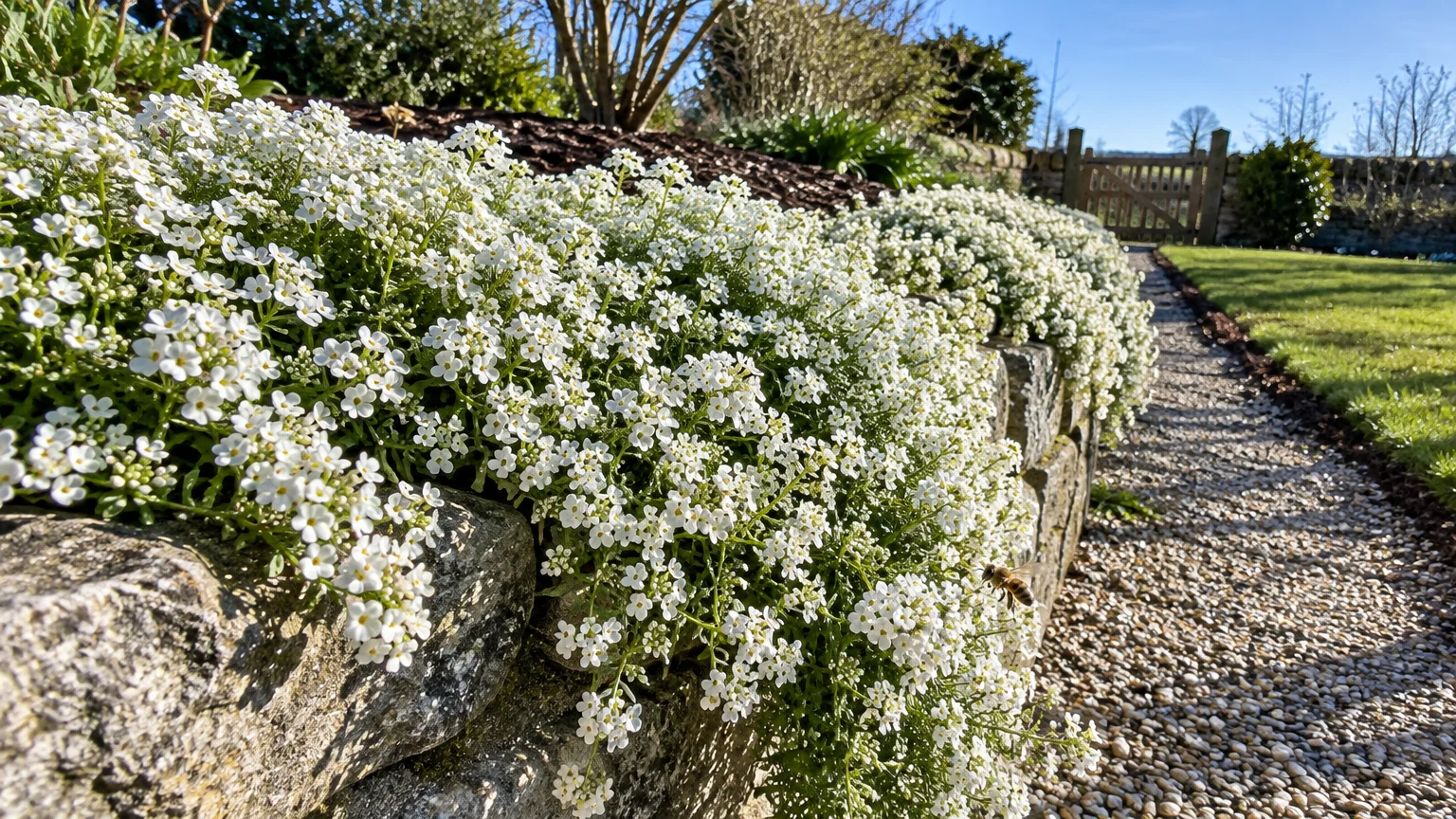 White sweet alyssum flowers cascading over a stone retaining wall next to a gravel path with a bee in flight.