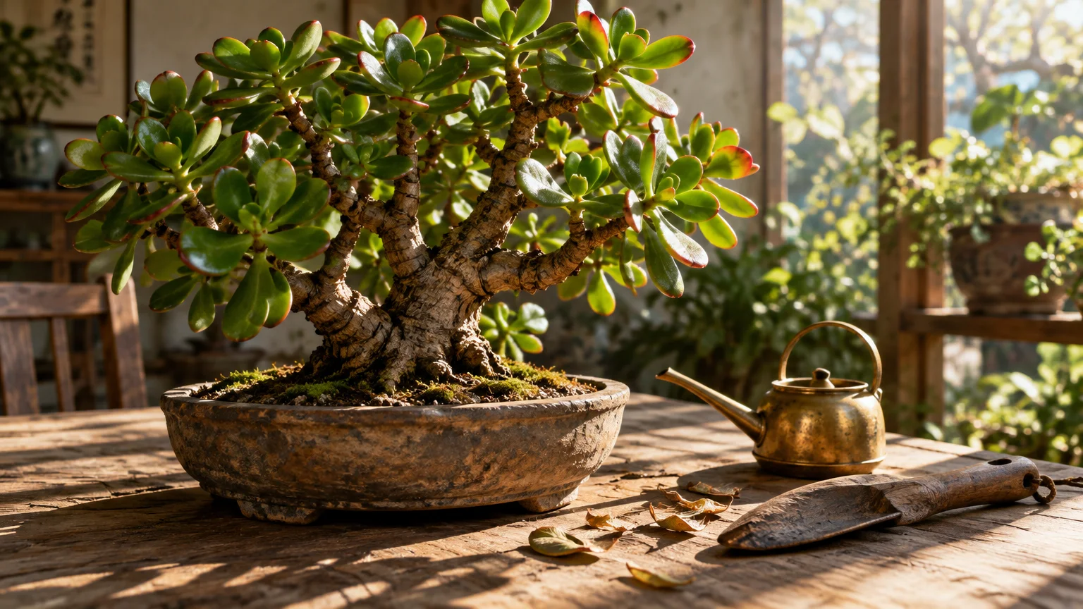 Potted jade plant bonsai on a sunlit wooden table next to a small brass watering can and gardening tool.