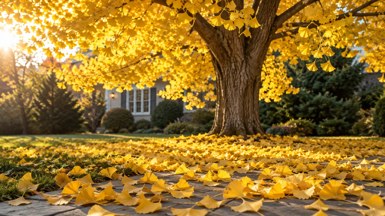 Bright yellow ginkgo tree leaves cover the canopy and blanket a stone path and lawn in front of a house.