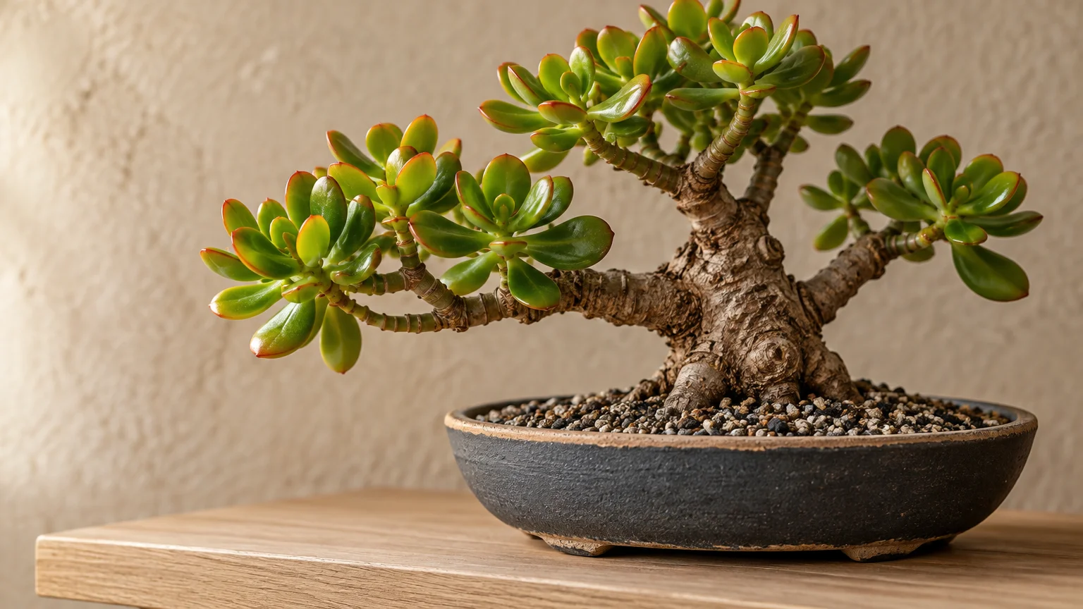 Jade plant styled like a bonsai with a thick trunk and fleshy green leaves in a shallow dark ceramic pot on a wooden shelf.