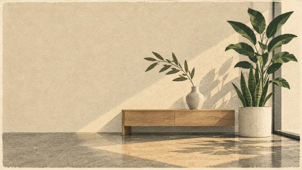 Screenprint of a sunlit minimalist room featuring potted plants beside a low wooden console table.