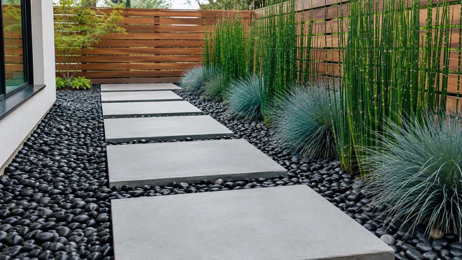 Rectangular concrete pavers set in black polished river rocks alongside ornamental grasses and a horizontal wooden fence.