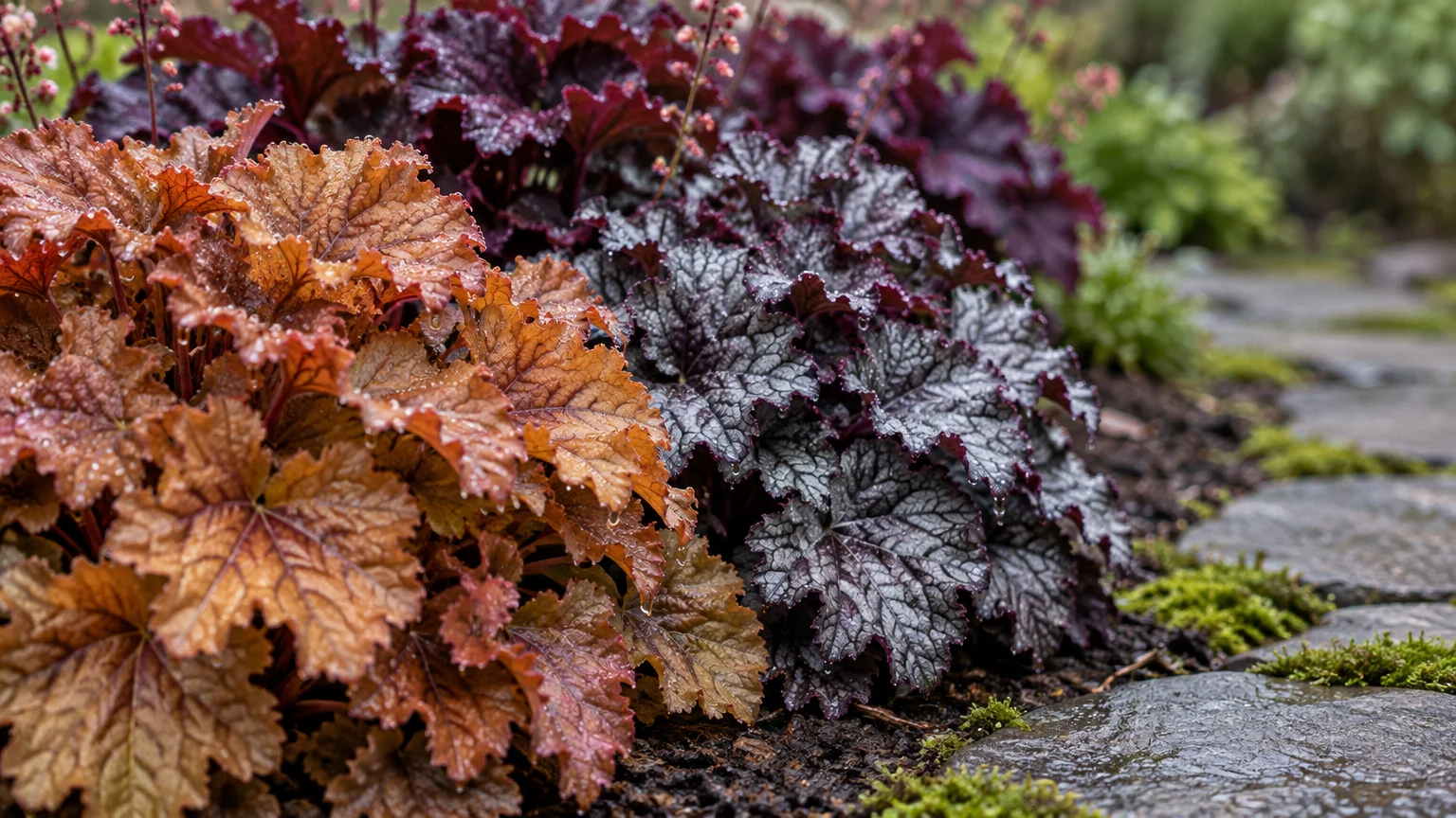 Clumps of amber, silver-veined, and deep purple ruffled coral bells growing beside wet stone garden pavers.