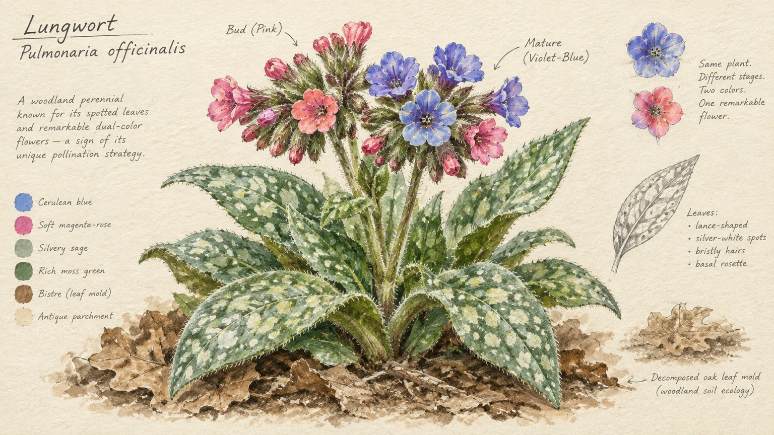 Botanical illustration of a lungwort plant with pink and blue flowers, silver-spotted leaves, and explanatory notes.