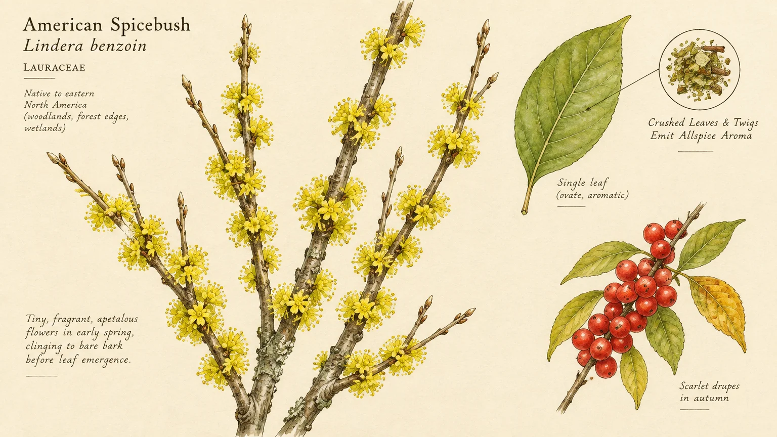 Botanical illustration of American spicebush showing yellow spring flowers on branches, a single green leaf, and red autumn drupes.