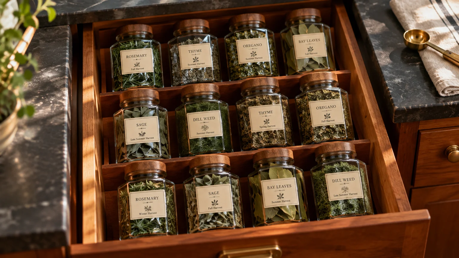 Wooden spice drawer filled with labeled glass jars containing dried herbs like rosemary, thyme, sage, and bay leaves.