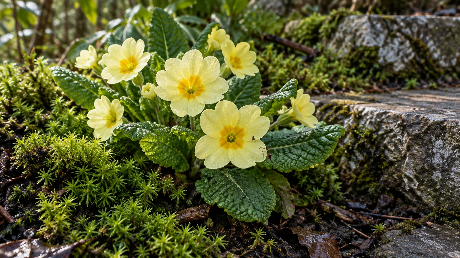 Pale yellow primrose flowers with darker yellow centers bloom amid crinkled green leaves and green moss beside stone steps.