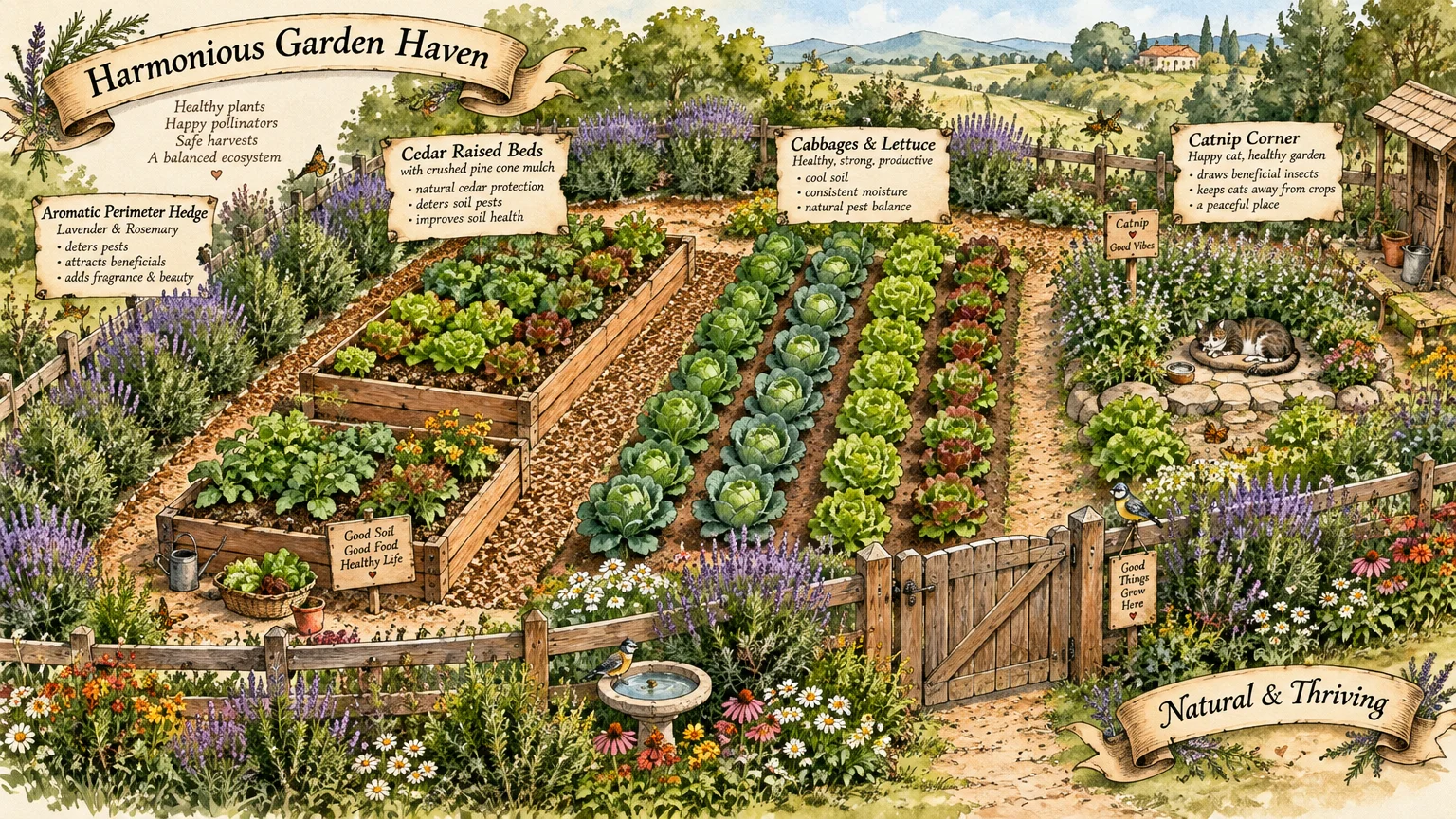 Illustration of a fenced garden layout with raised cedar beds, cabbage rows, herb borders, and a designated catnip corner.