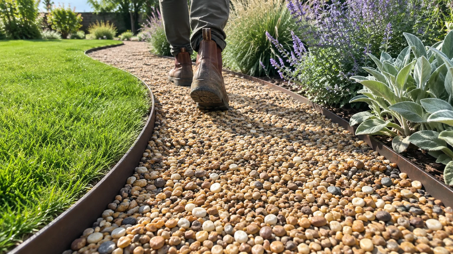 Person in boots walking along a curving pea gravel walkway bordered by metal edging, green grass, and garden flowers.