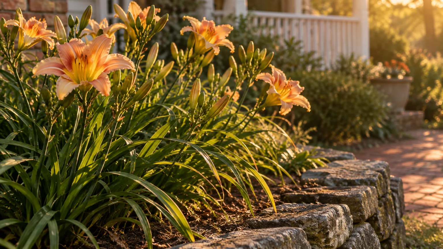 Peach and yellow daylilies in full bloom beside a stone garden border in warm evening sunlight.