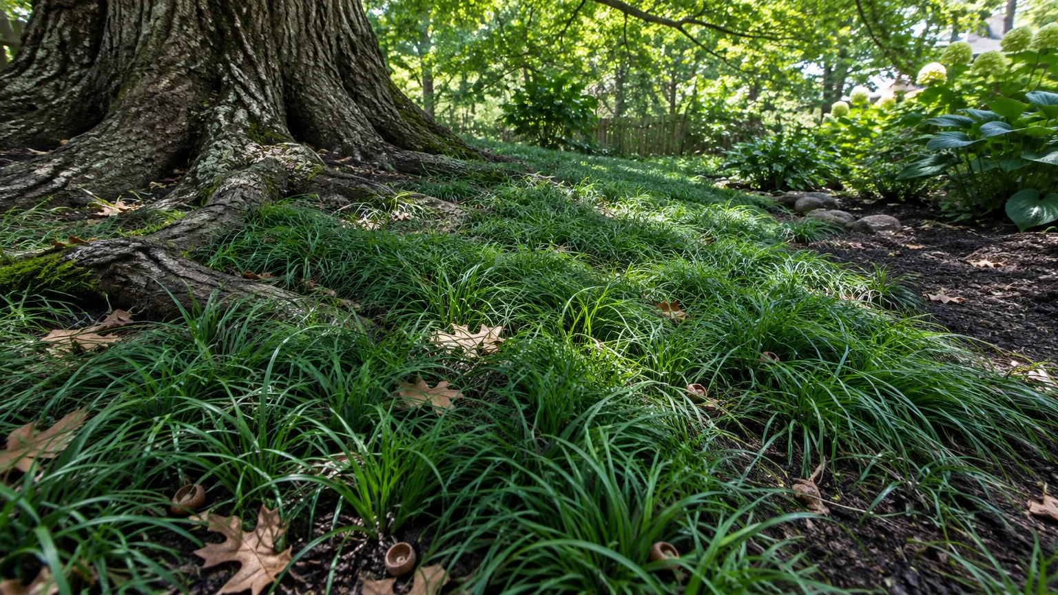 Low green sedge grass carpet spreading over exposed tree roots beneath a large trunk in a shaded yard.