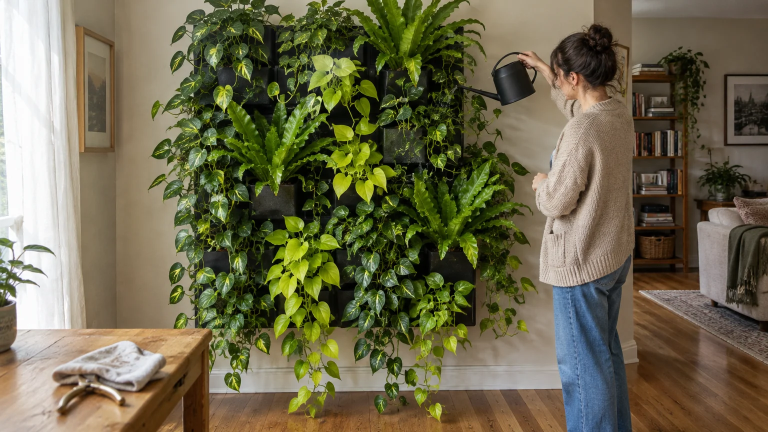 A woman uses a black watering can to water a lush living plant wall featuring ferns and pothos inside a living room.