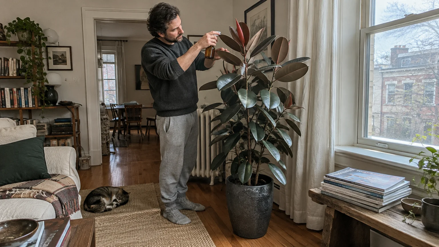 A man mists the leaves of a tall rubber tree plant standing in a pot beside an apartment window.