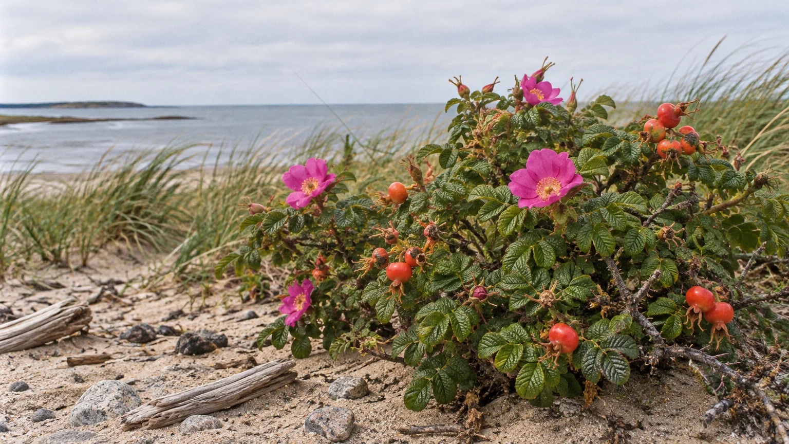 A blooming rugosa rose bush with bright pink flowers and orange hips growing in coastal sand dunes by the sea.