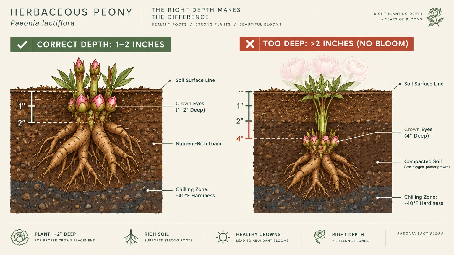 Diagram comparing correct peony crown planting depth at 1 to 2 inches versus planting too deep at over 2 inches.