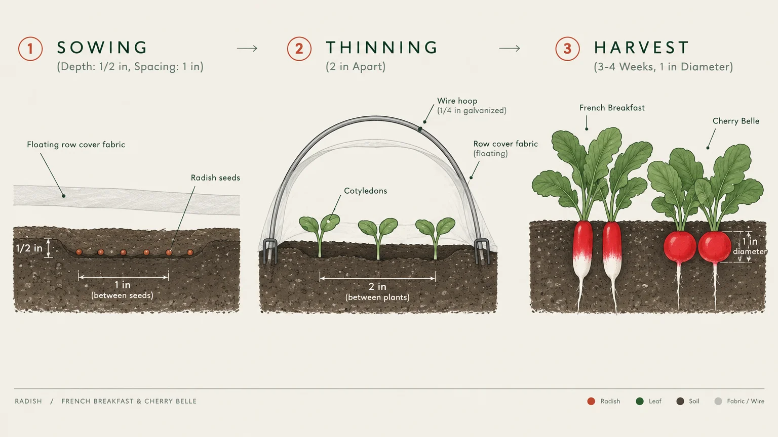 Diagram showing three radish growing steps: sowing seeds under fabric, thinning sprouts beneath a wire hoop, and harvest.