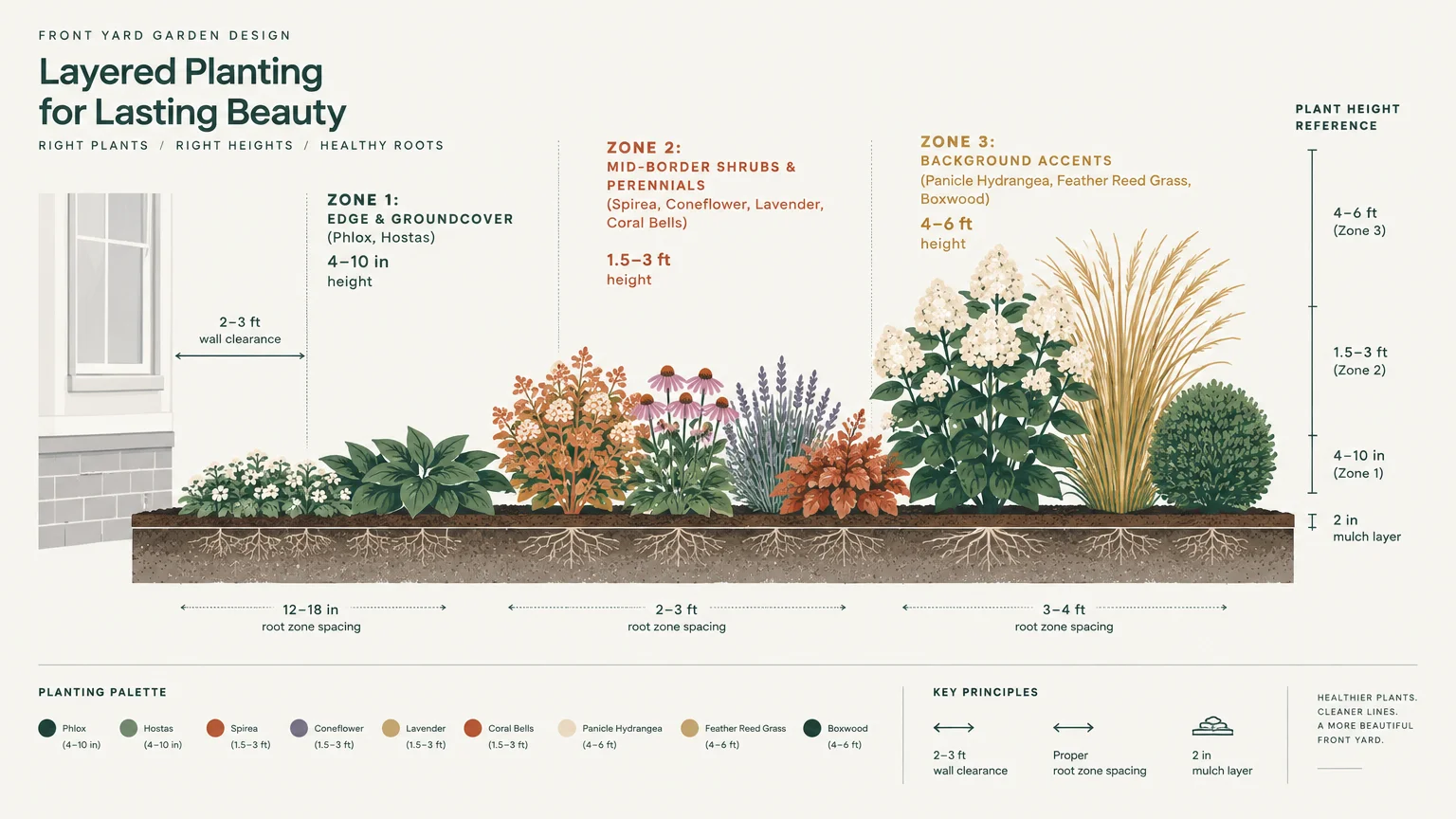 Garden design cross-section diagram showing layered planting zones, root depth, and height references beside a house wall.