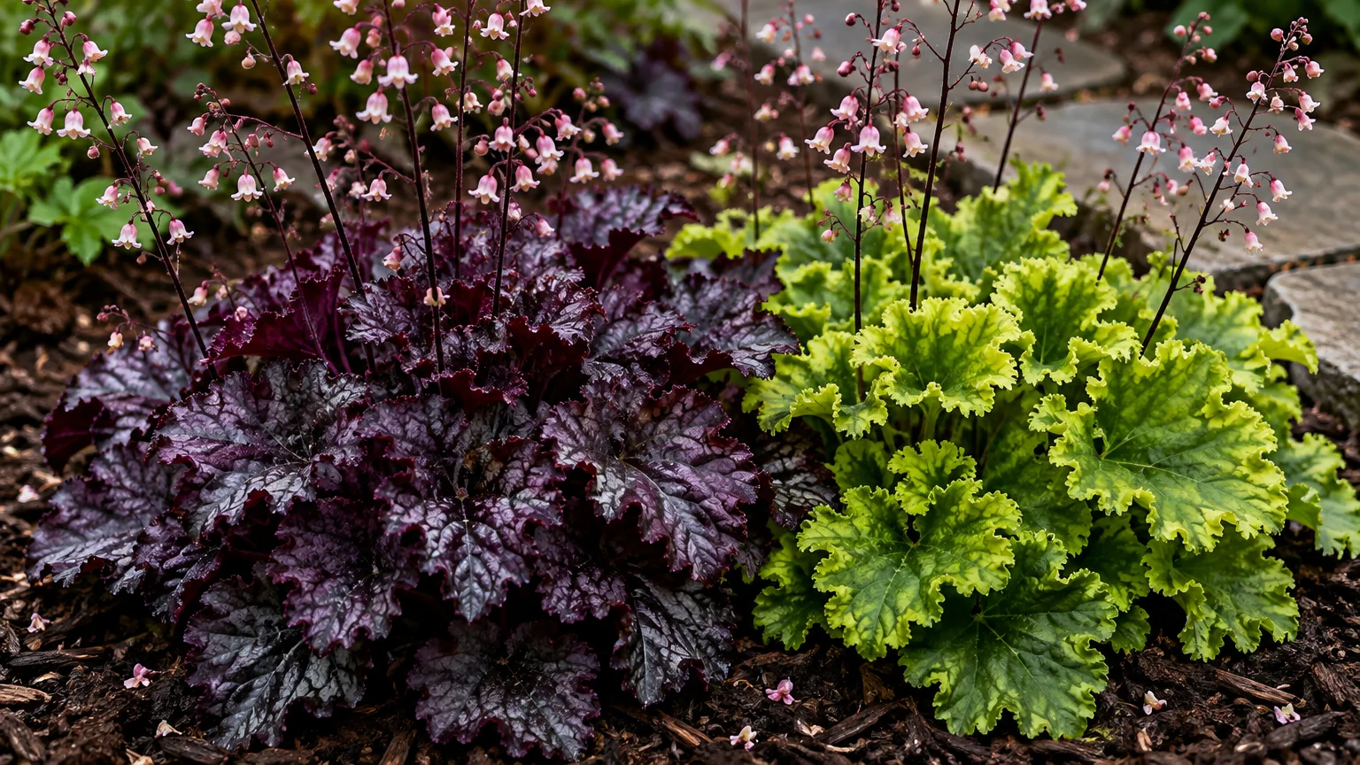 Dark burgundy and chartreuse coral bell plants with ruffled leaves and small pink flowers growing in mulch by stone steps.