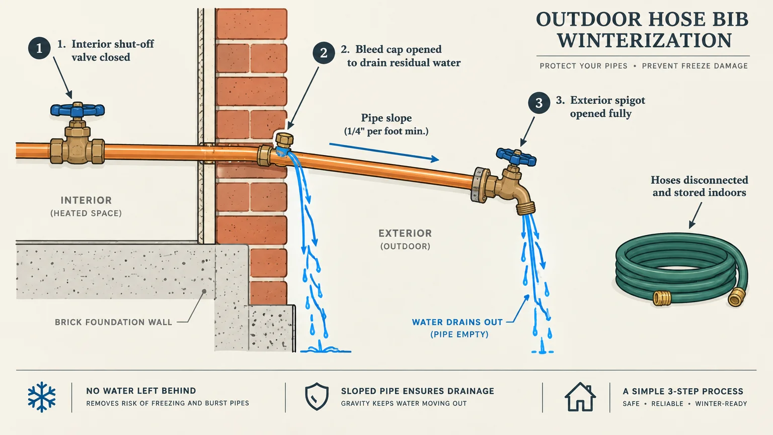 Diagram of outdoor hose bib winterization showing a sloped pipe draining water between an interior valve and exterior spigot.