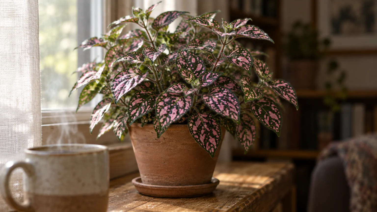 Pink polka dot plant in a terracotta pot on a wooden windowsill next to a steaming mug.