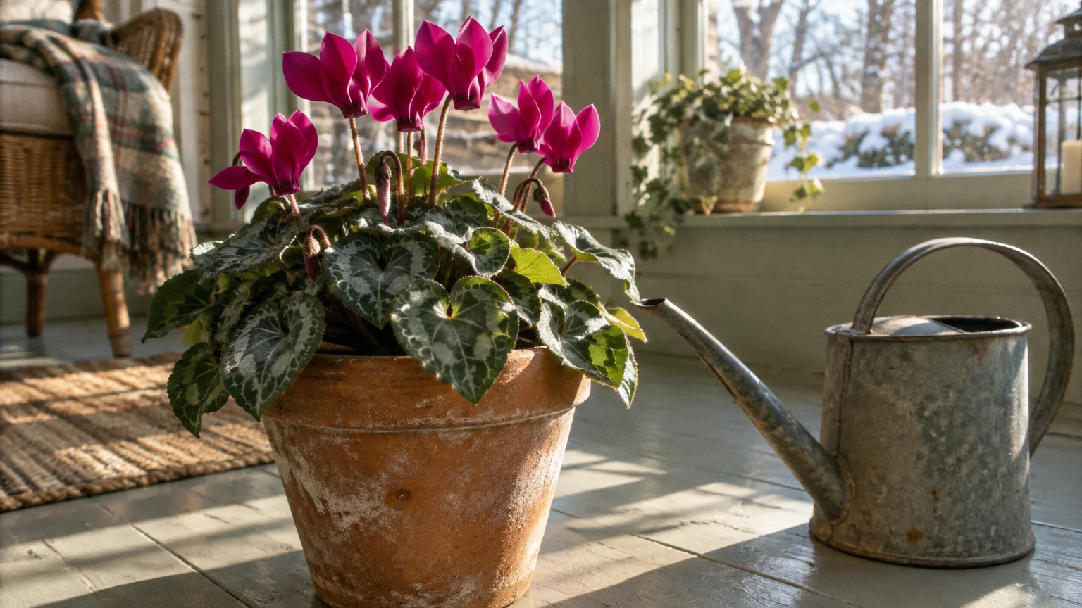 Potted magenta cyclamen plant in a terracotta pot sits on a sunlit floor beside a metal watering can near snowy windows.