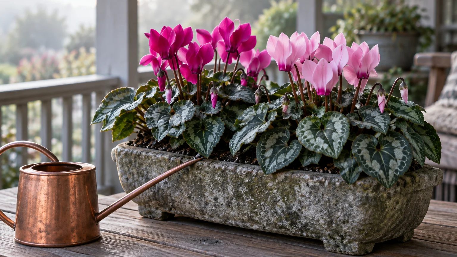 Pink and magenta cyclamen blooming in a stone planter on a porch table next to a small copper watering can.