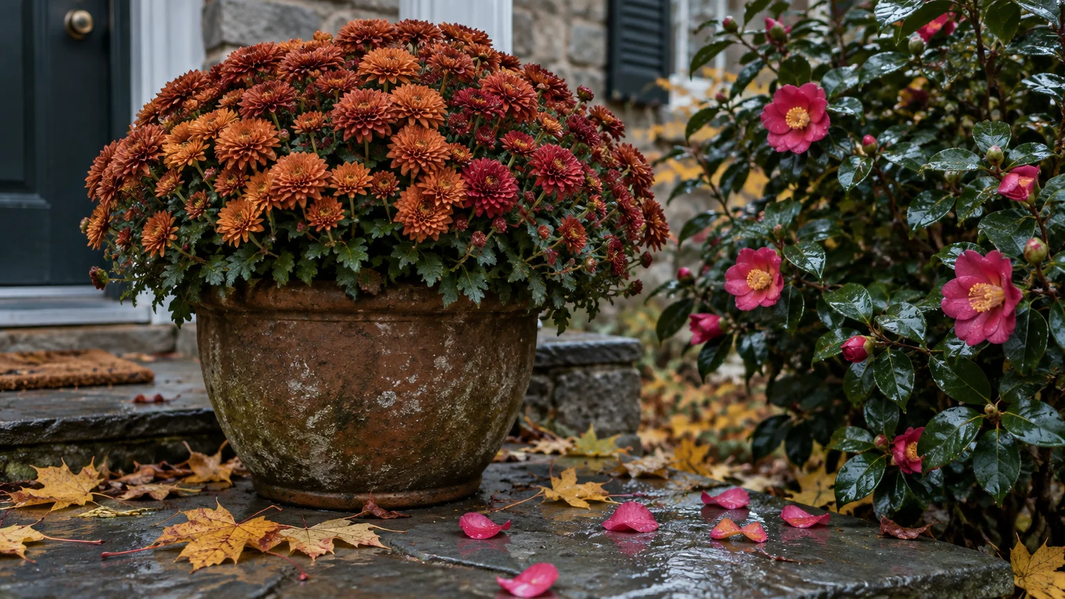 Potted orange chrysanthemums on wet stone steps next to a pink flowering camellia bush with fallen autumn leaves.