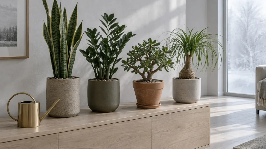 Four potted houseplants and a brass watering can sit on a wooden sideboard in front of a bright window.