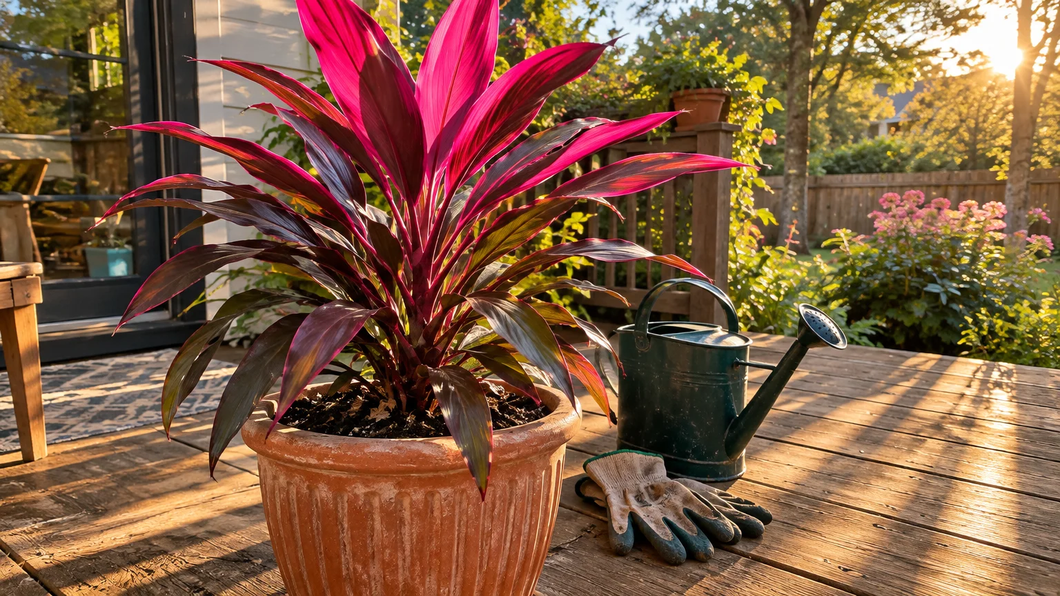 Potted ti plant with vibrant magenta leaves on a sunlit wooden deck beside a watering can and gardening gloves.