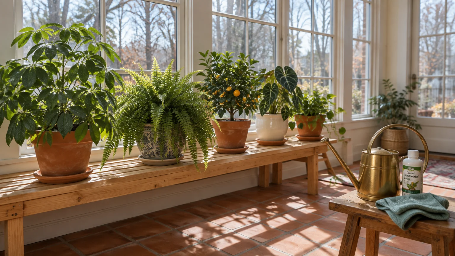 Potted houseplants lined up on a wooden bench in a sunroom with a brass watering can on a side stool.