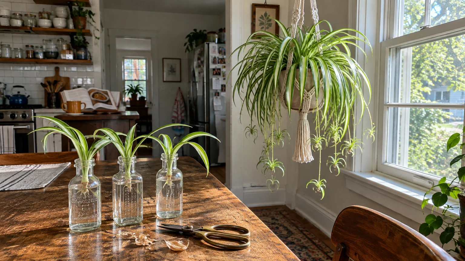 Spider plant cuttings rooting in glass bottles on a wooden table beside a large hanging spider plant in a macrame hanger.