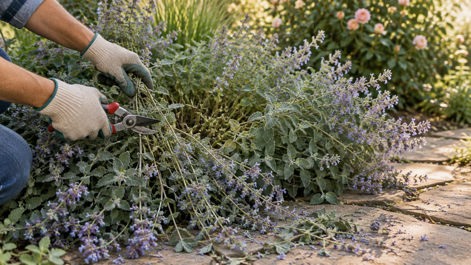Gloved hands using garden shears to cut back a sprawling patch of blooming catmint along a stone pathway.