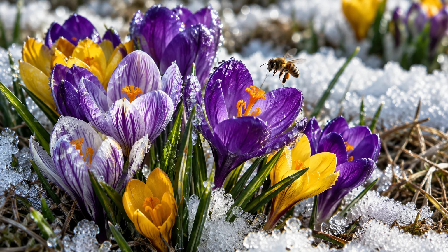 Purple, striped, and yellow crocus flowers bloom through melting snow as a honeybee flies near the petals.