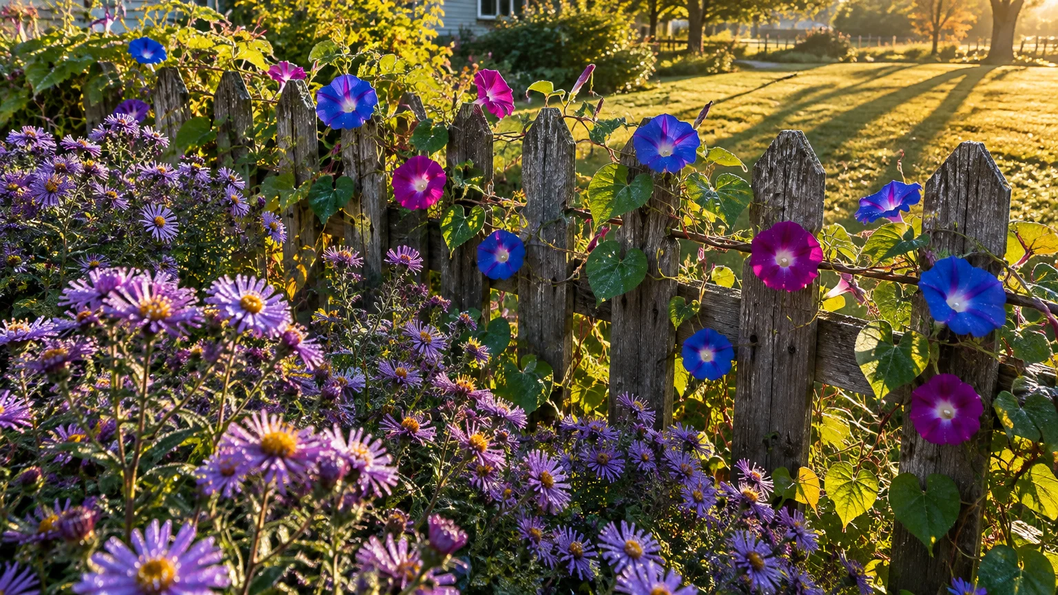 Purple asters and colorful morning glory vines blooming along a rustic wooden picket fence in morning sunlight.