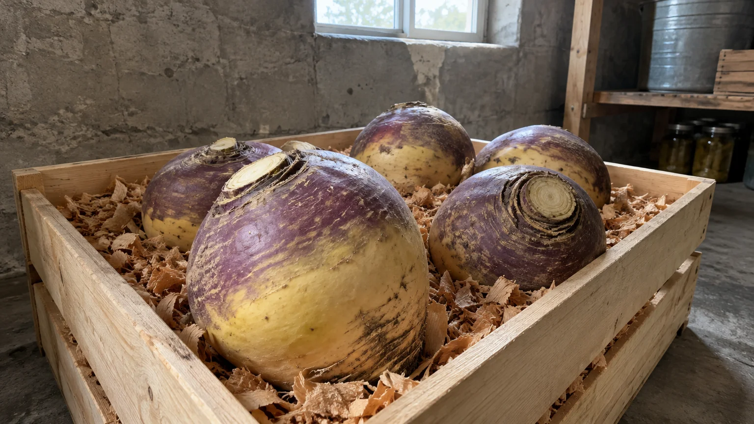 Large purple and yellow rutabagas resting in wood shavings inside a wooden storage crate in a stone room.