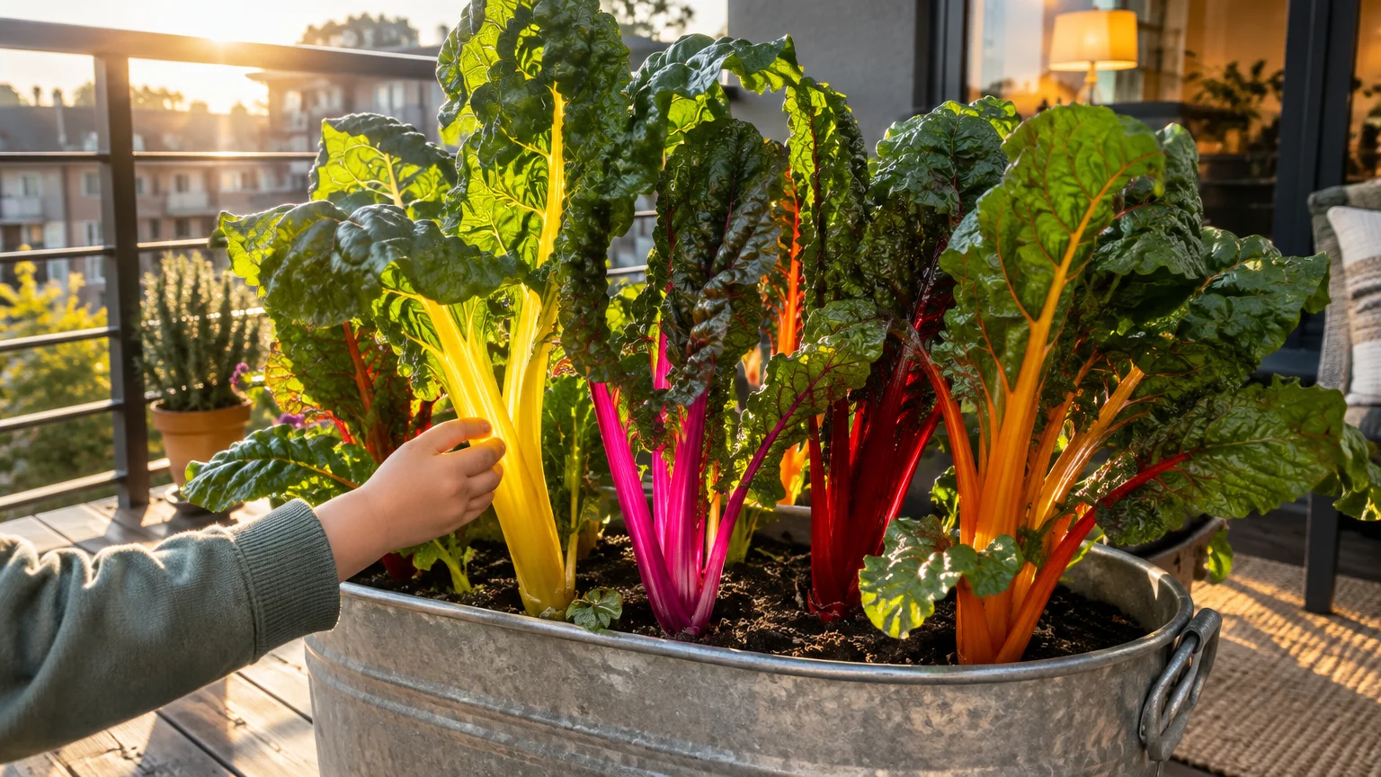 Colorful rainbow Swiss chard with yellow, pink, and orange stems growing in a metal tub on a balcony, touched by a child.
