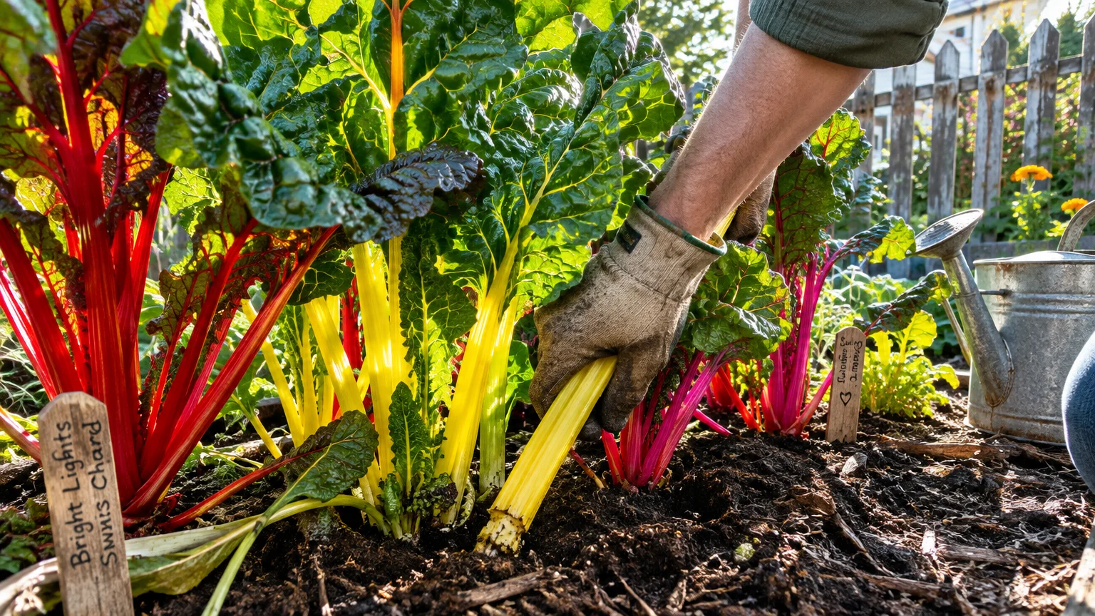 A gloved hand harvests a yellow Swiss chard stalk from a garden bed with red and green plants.