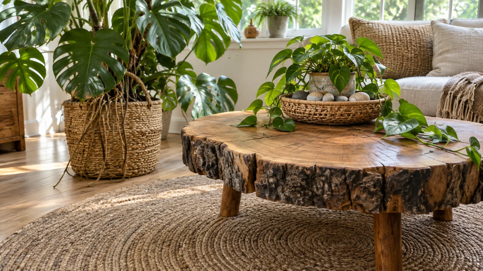 A live-edge wood coffee table with plants in woven baskets on a round jute rug beside a monstera plant in a sunlit room.