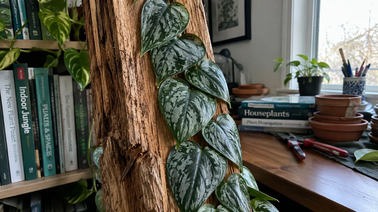 Heart-shaped leaves with silver veins grow flat against a textured wooden post beside books and terracotta pots.