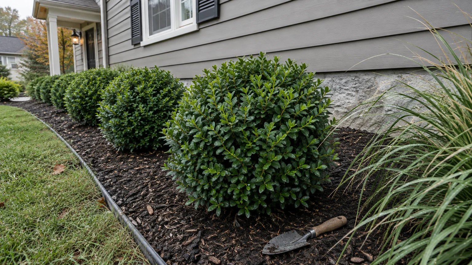 Rounded green boxwood shrubs growing in dark mulch along the foundation of a gray house beside a garden trowel.
