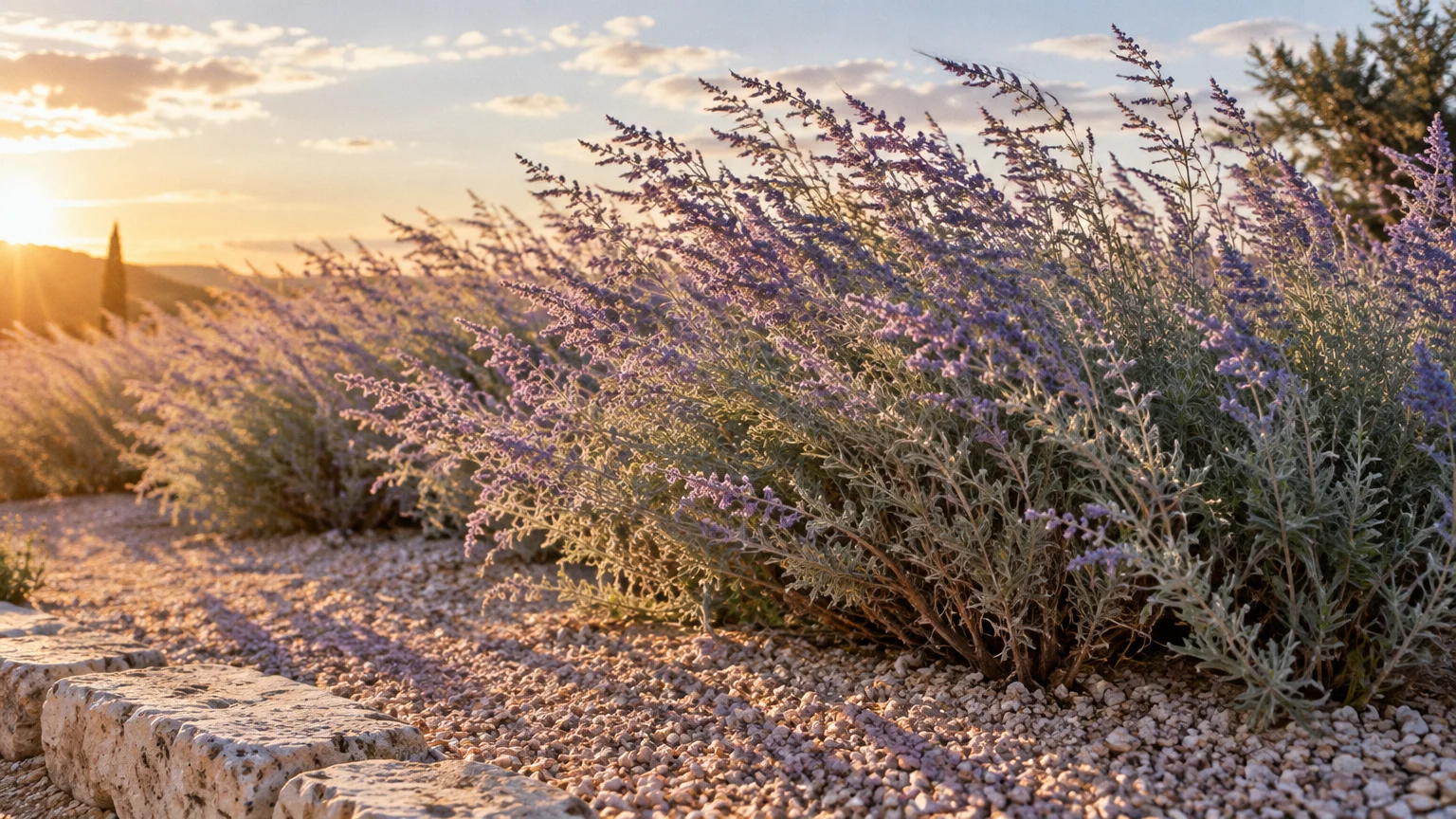Low-angle view of blooming Russian sage shrubs along a stone-lined gravel path under a golden sunset sky.