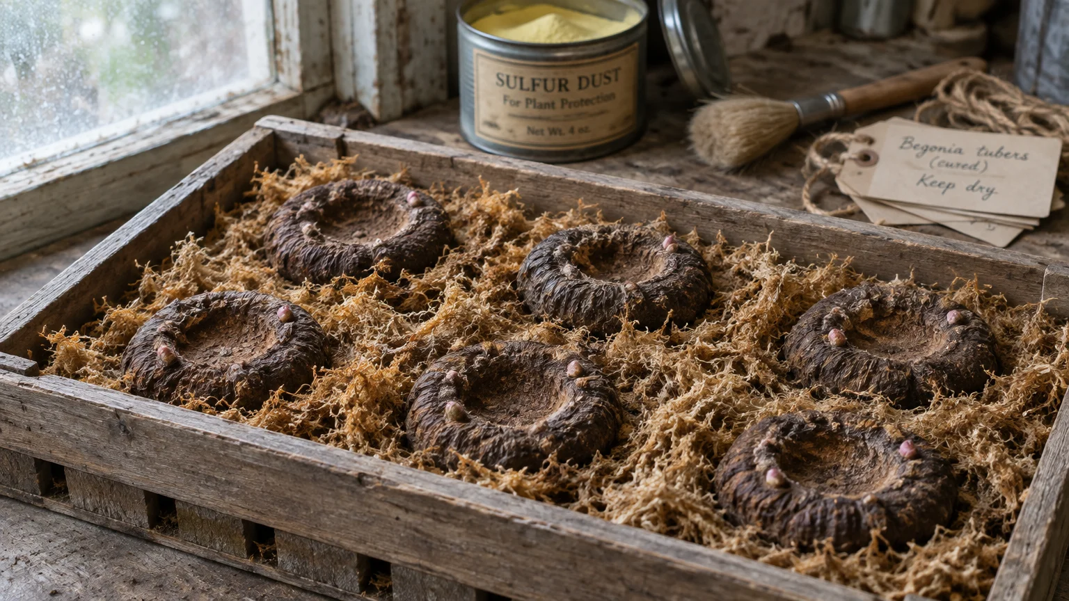 Cured begonia tubers resting in dry moss inside a wooden crate, beside a tin of sulfur dust and a brush.