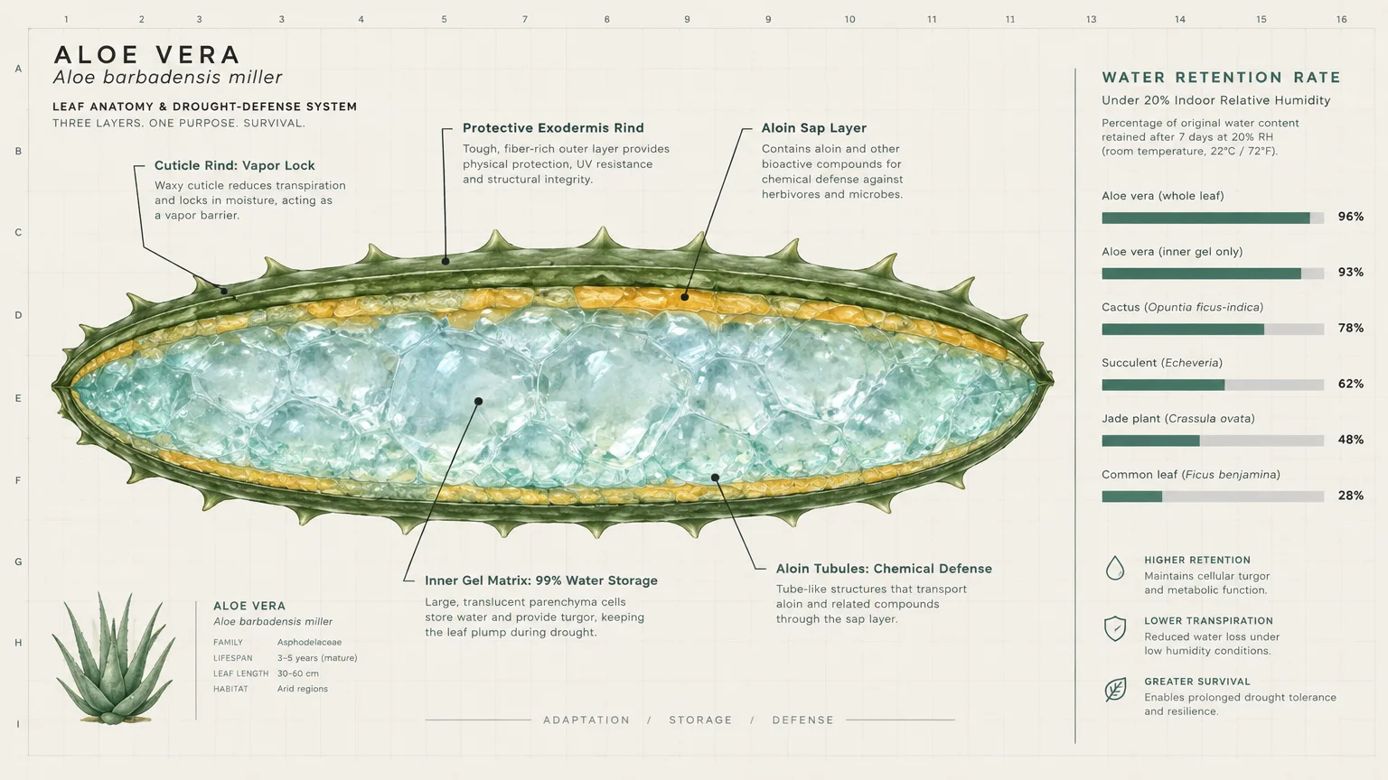 Cross-section diagram of an aloe vera leaf showing internal water-storing gel cells alongside a retention rate chart.