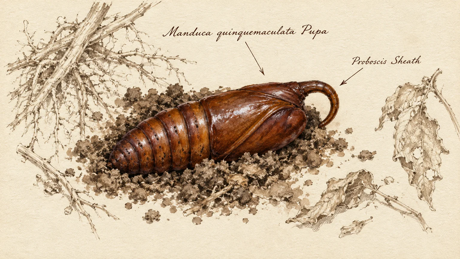 Botanical illustration of a brown Manduca quinquemaculata pupa resting in soil with labeled proboscis sheath.