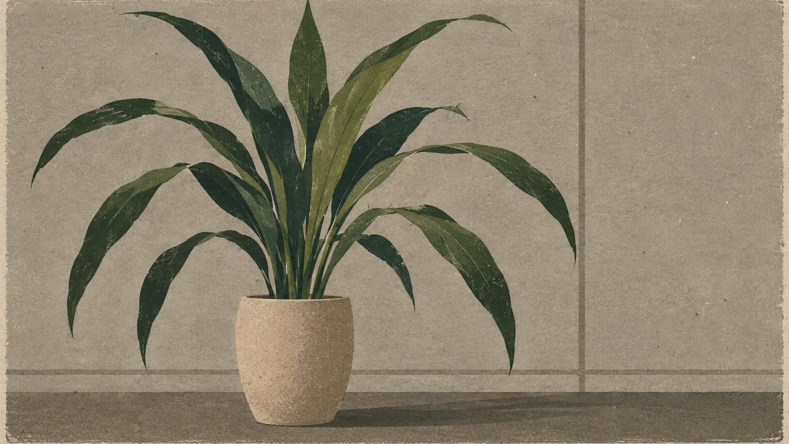 Screenprint of a potted cast iron plant with long green leaves in a beige ceramic vase against a muted wall.
