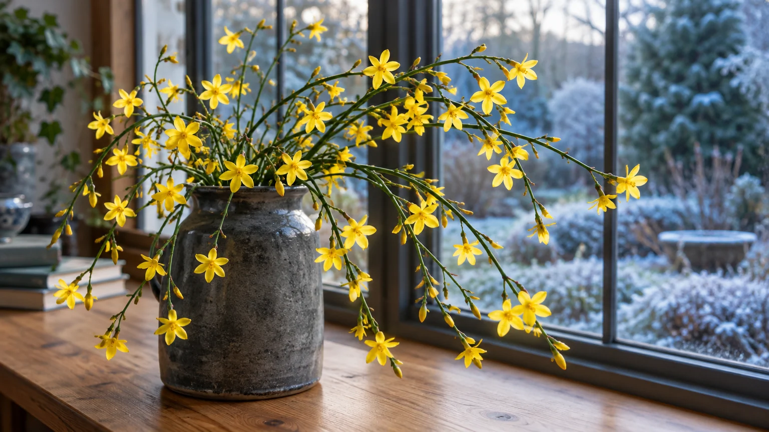 Yellow jasmine branches in a rustic jug sitting on a wooden windowsill overlooking a frosty, snow-dusted garden.