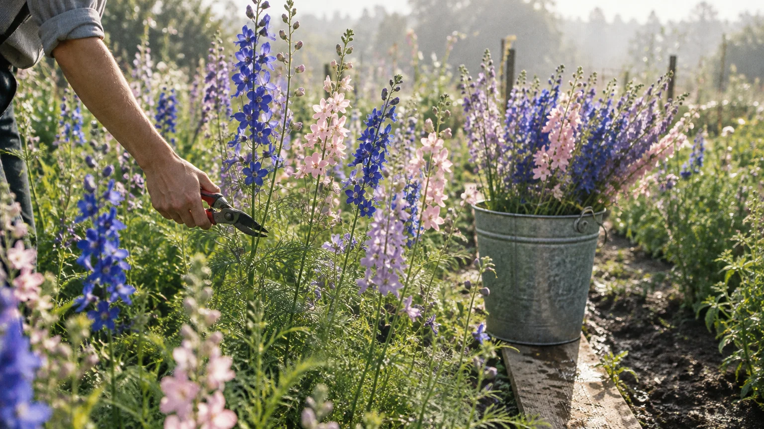 A gardener cutting purple and pink larkspur stems beside a metal bucket filled with cut flowers in a garden bed.