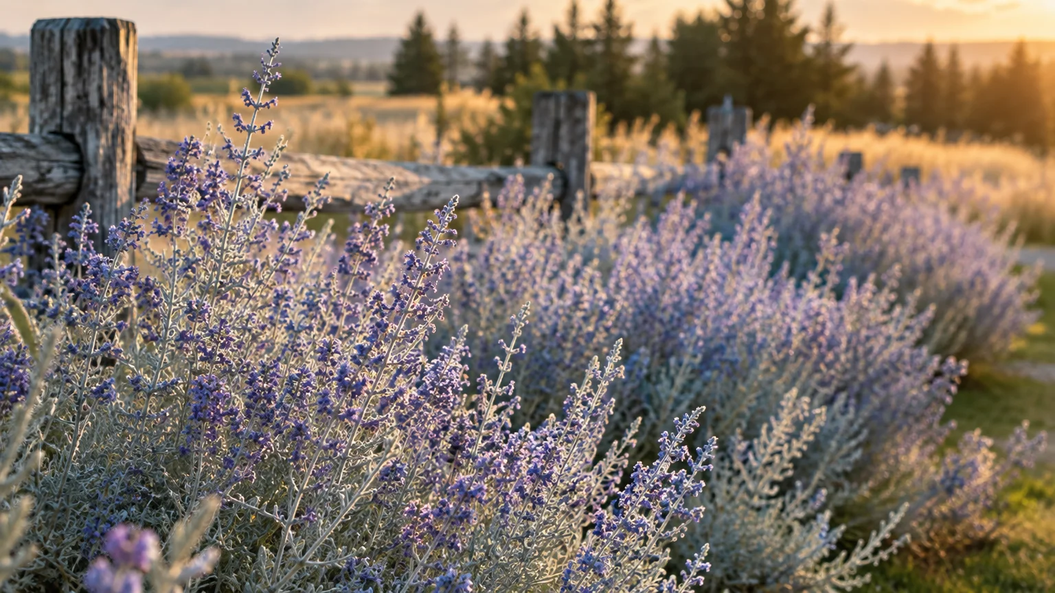 Blooming purple Russian sage bushes growing along a rustic wooden split-rail fence in a sunny field.