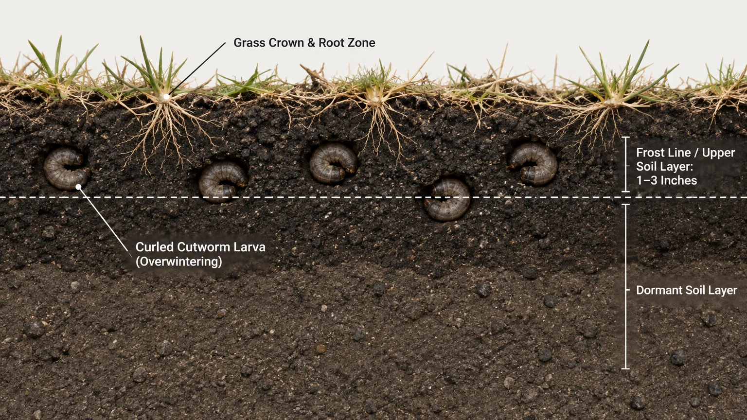 Cross section diagram of soil showing curled cutworm larvae overwintering in the top layer beneath grass roots.