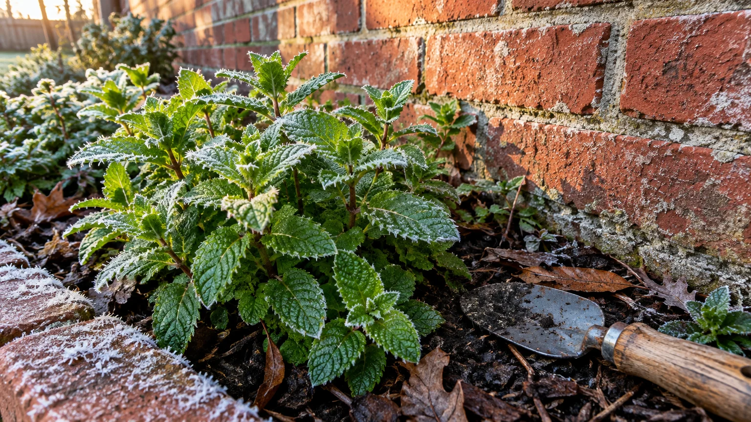 Frost-rimed mint plants grow in a garden bed beside a brick foundation wall next to a hand trowel.